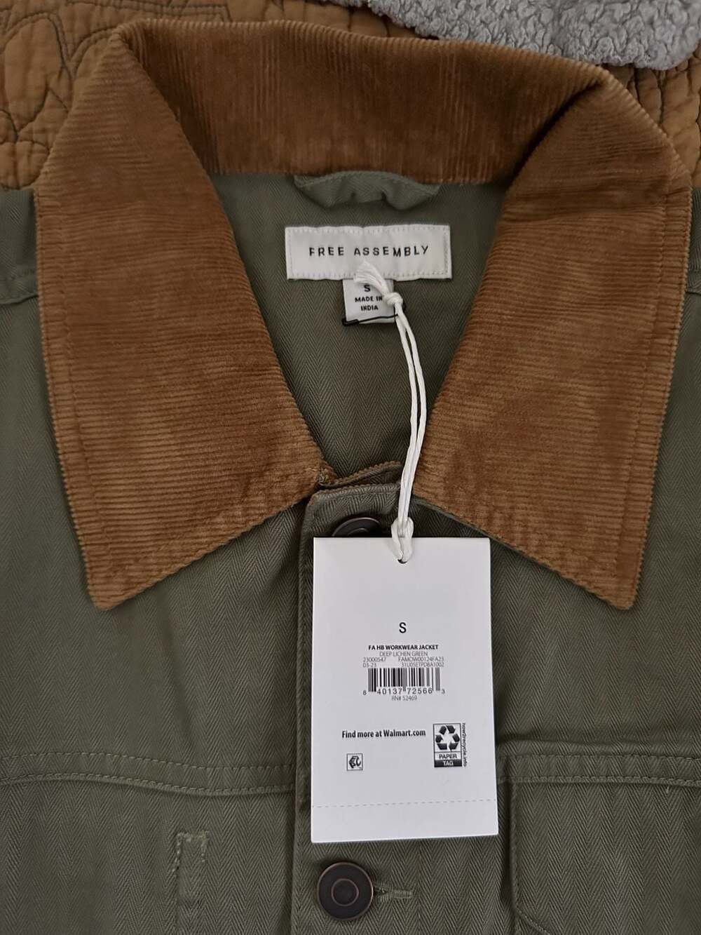 Free Assembly Men's Green Workwear Chore Jacket with Corduroy Collar, Size S New - Picture 4 of 5